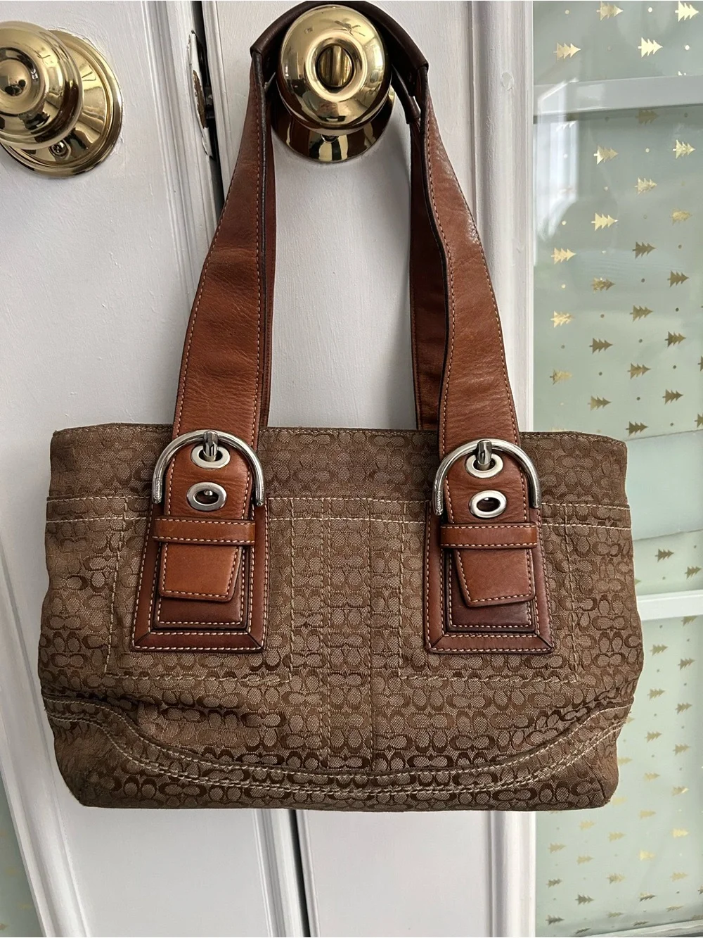 Coach Brown Signature Shoulder Bag with Leather Trim